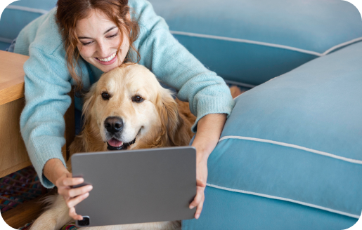 Gospodja i labrador retriver gledaju u tablet